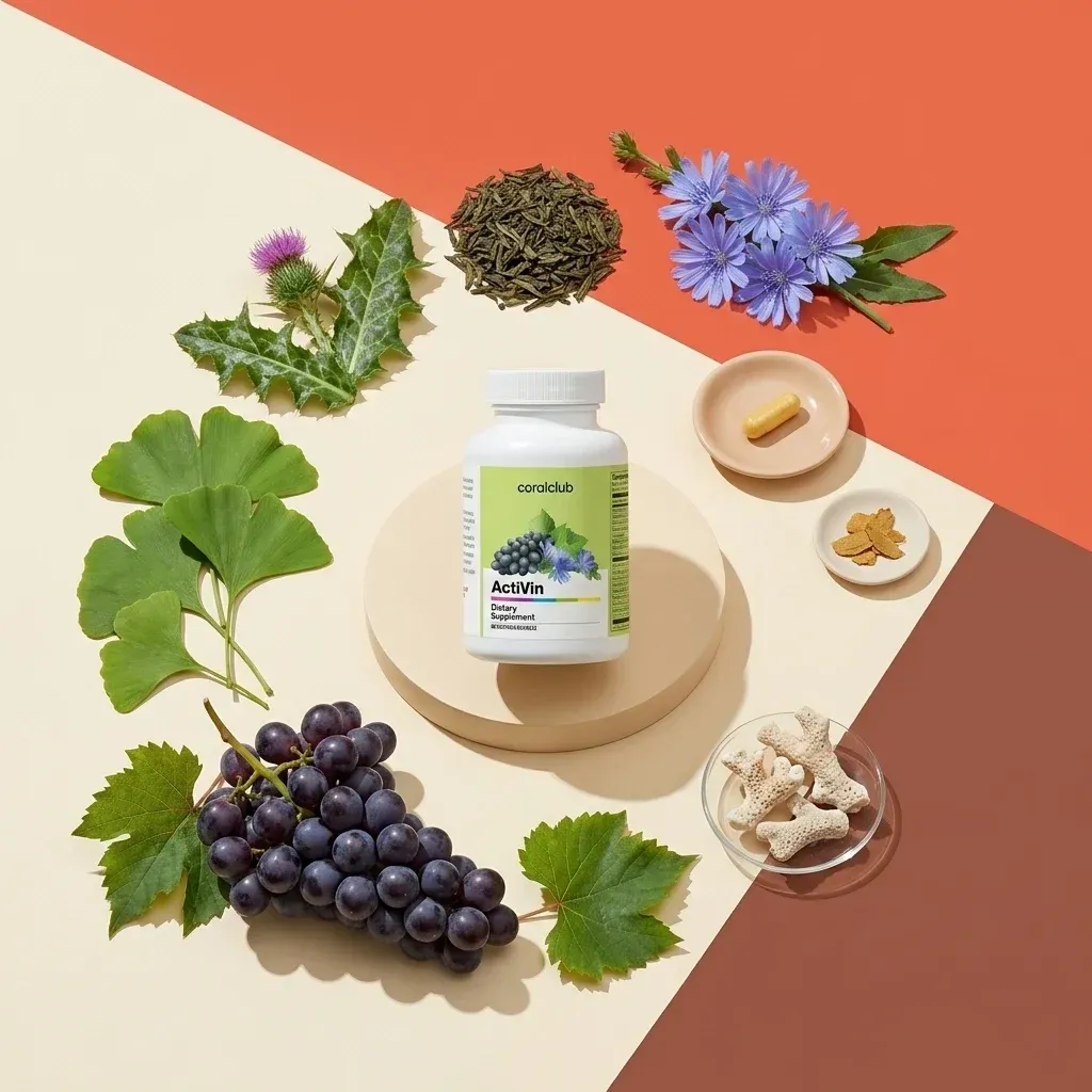 ActiVin dietary supplement surrounded by natural ingredients like grapes, herbs, and capsules.