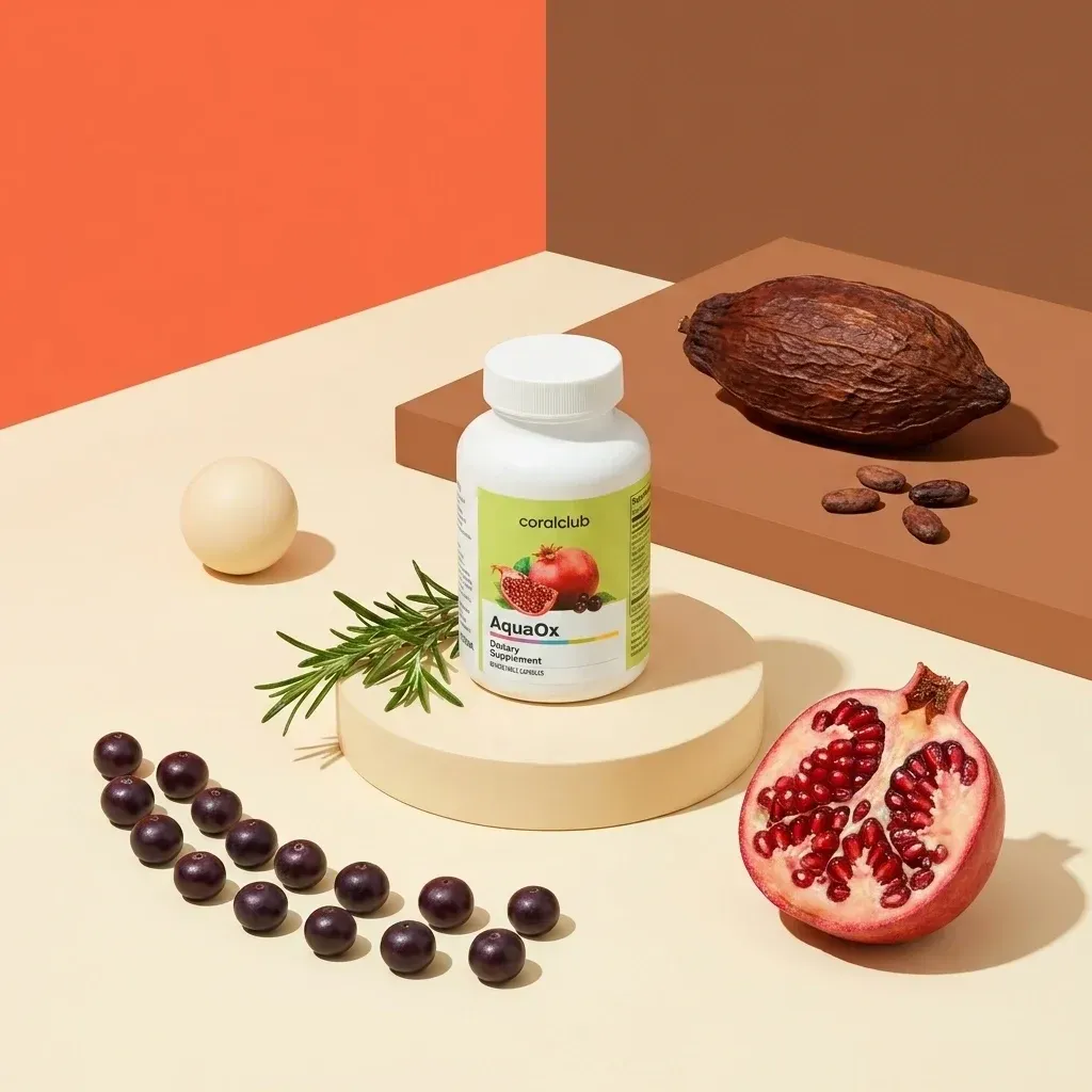 AquaOx supplement bottle with pomegranate, berries, and cocoa ingredients on a minimalist backdrop.