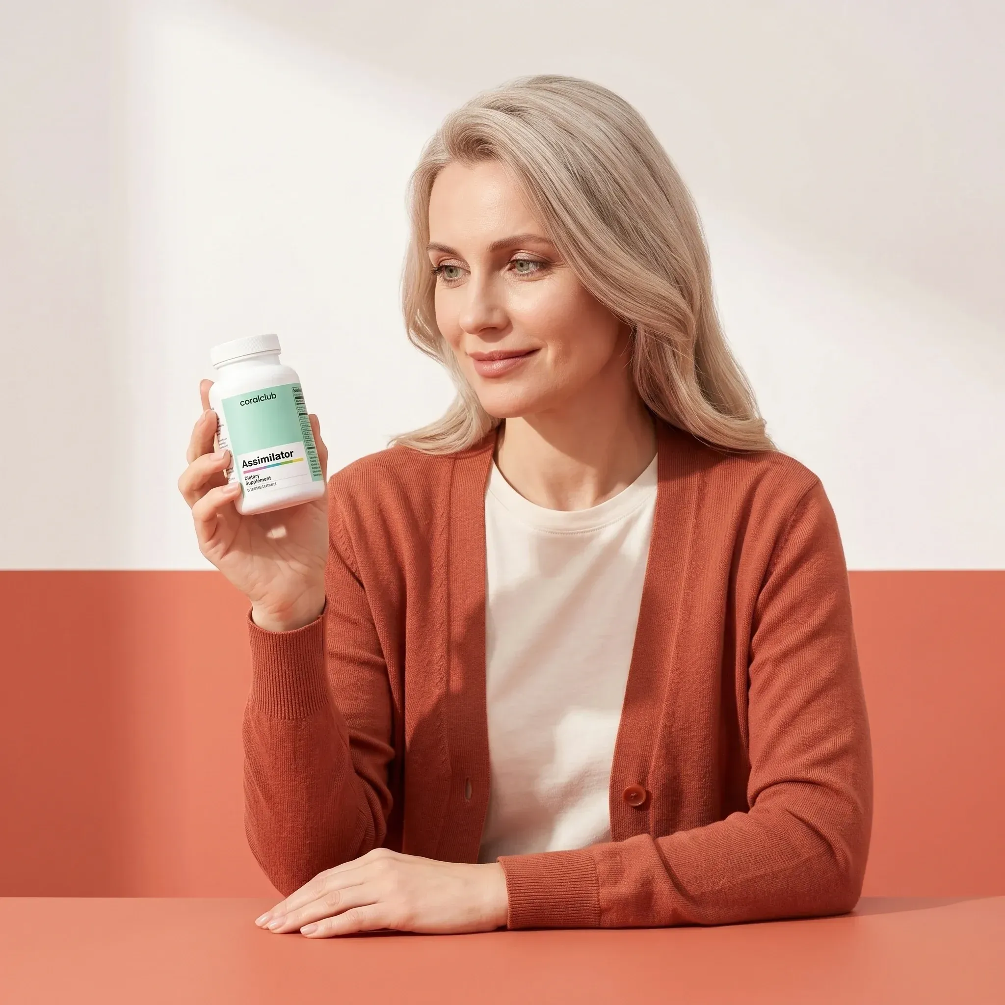 Woman holding Assimilator supplement bottle in a modern lifestyle setting.