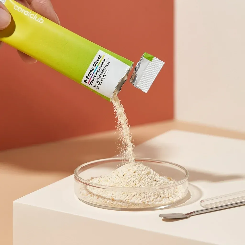 B-Prime Direct detail shot with powder being poured from a green sachet into a dish.