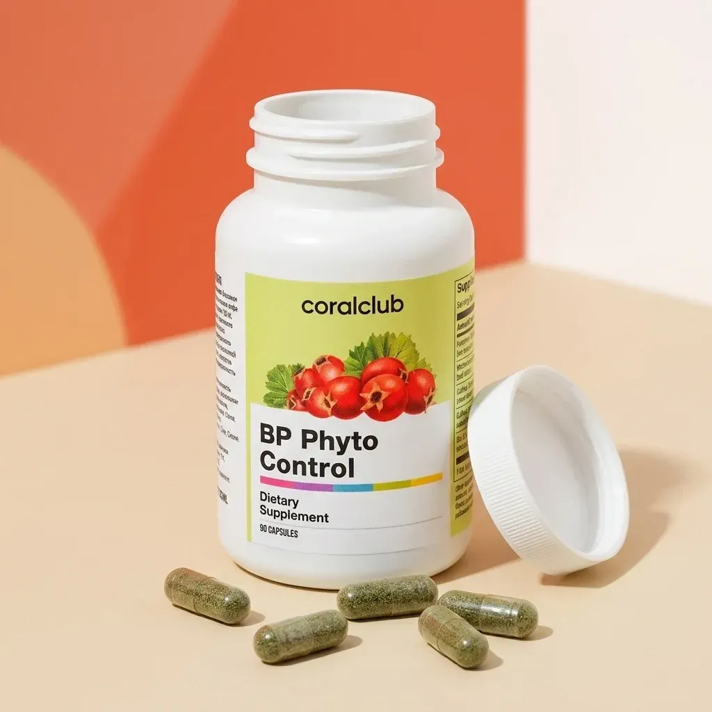 BP Phyto Control dietary supplement bottle with green capsules and a white lid on a beige surface.