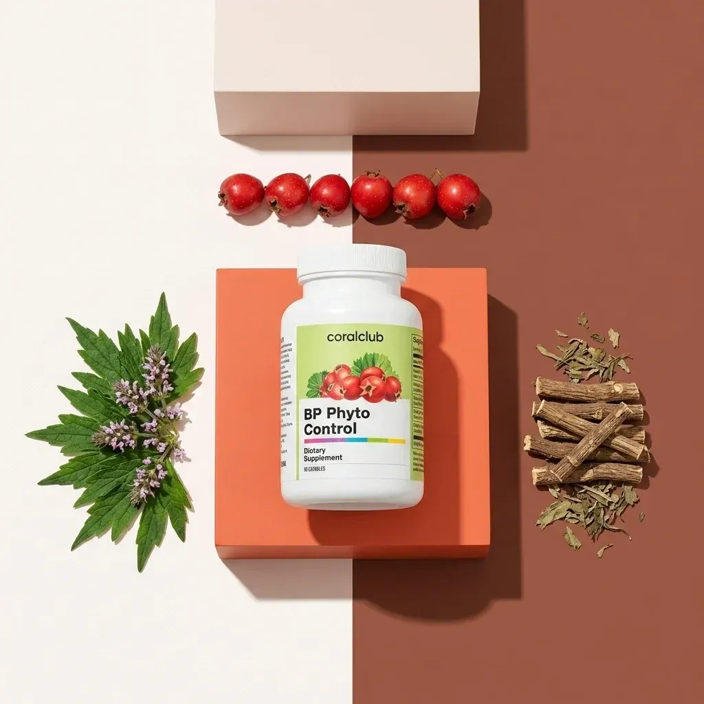 BP Phyto Control supplement bottle with herbs and red berries on a minimalistic background.