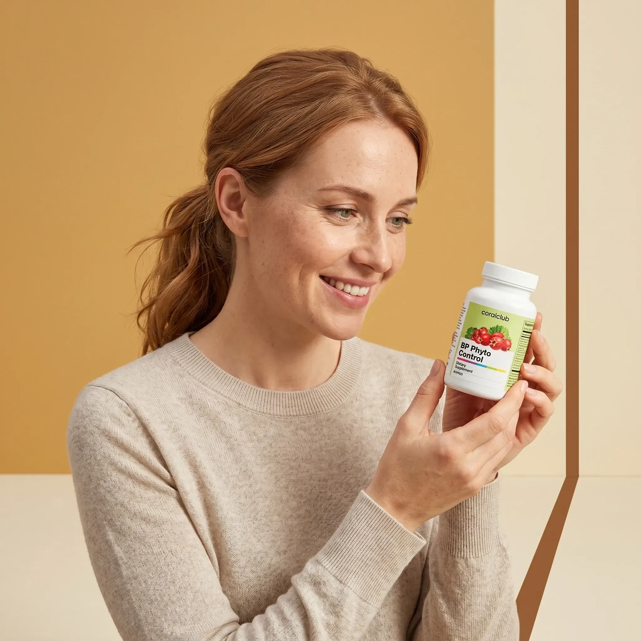 Woman holding BP Phyto Control supplement bottle in a warm, lifestyle setting.