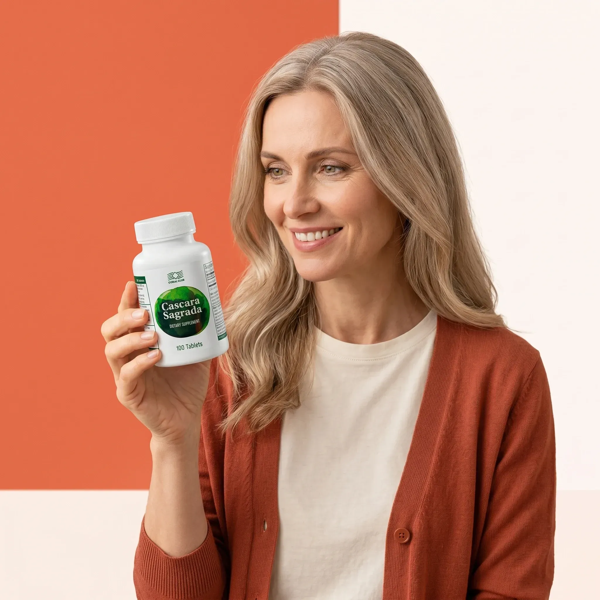 Cascara Sagrada lifestyle image, woman holding bottle, smiling, with colorful background.