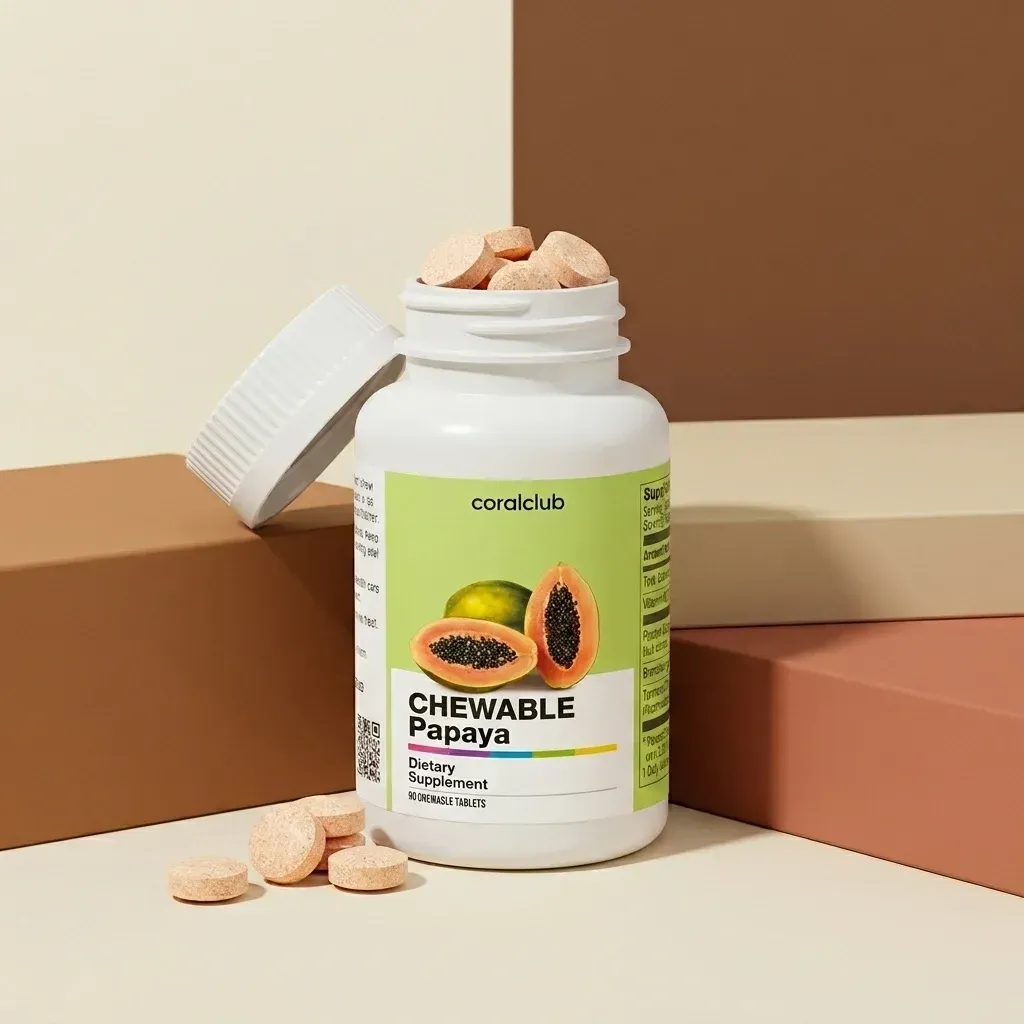 Chewable Papaya dietary supplement bottle with peach-colored tablets on a minimalist background.