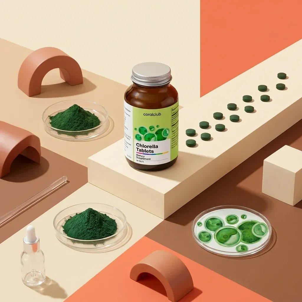 Chlorella Tablets on a colorful backdrop with green powder and petri dishes showcasing chlorella algae.