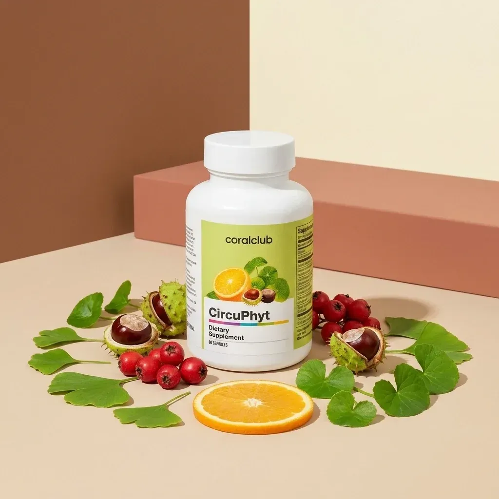 CircuPhyt dietary supplement bottle surrounded by green leaves, orange slice, and natural ingredients.