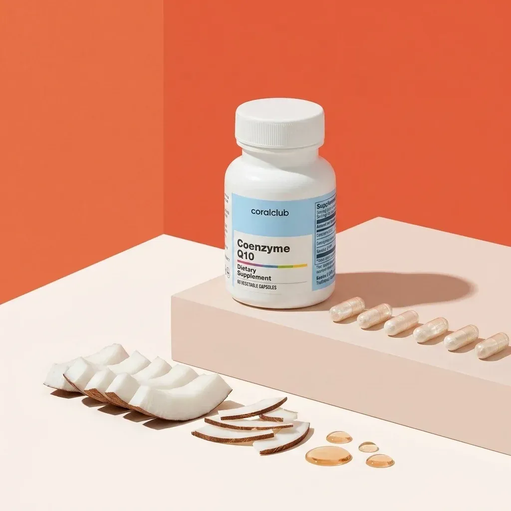 Coenzyme Q10 dietary supplement bottle with softgel capsules and coconut slices on a pastel background.