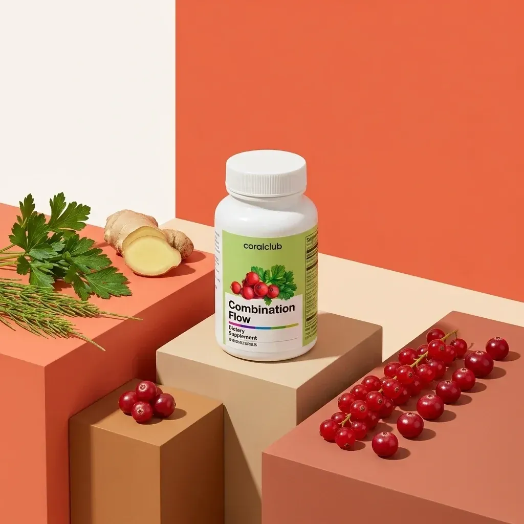 Combination Flow supplement bottle with ginger and herbs on colorful geometric display.