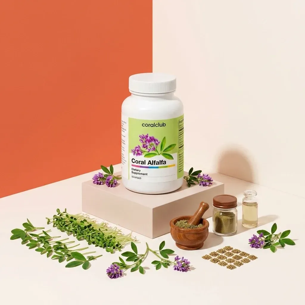 Coral Alfalfa supplement bottle with alfalfa leaves, seeds, and herbal ingredients on a neutral background.