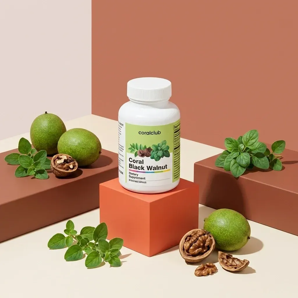 Coral Black Walnut dietary supplement bottle with green walnuts and walnuts on a minimalistic background.