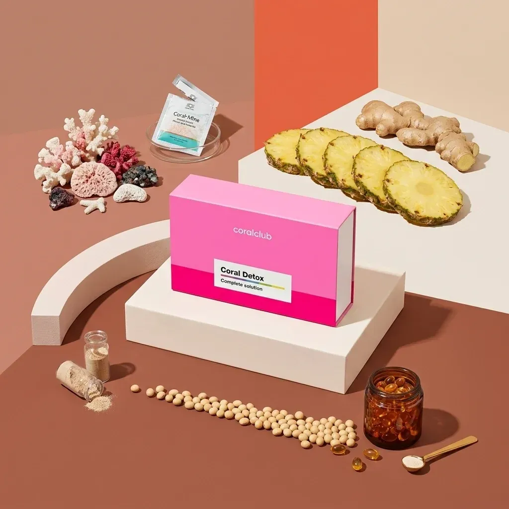 Coral Detox ingredient display with coral, ginger, pineapple, and supplement capsules.