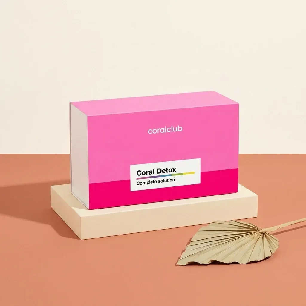 Coral Detox packshot with bold pink packaging on a neutral background.