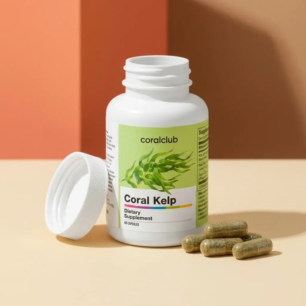 Coral Kelp dietary supplement bottle with capsules on a beige background.