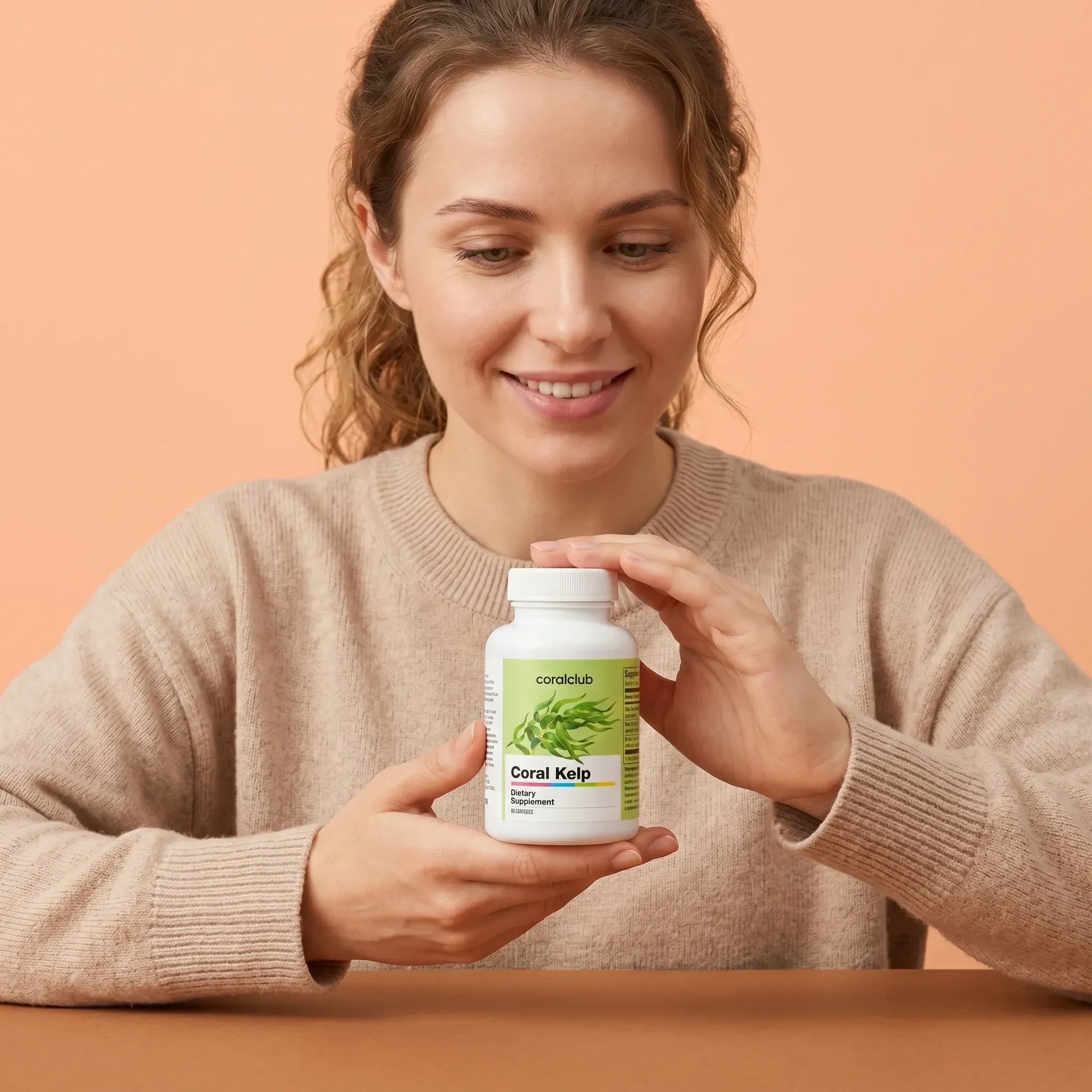 Woman holding Coral Kelp supplement bottle, smiling against a peach background.