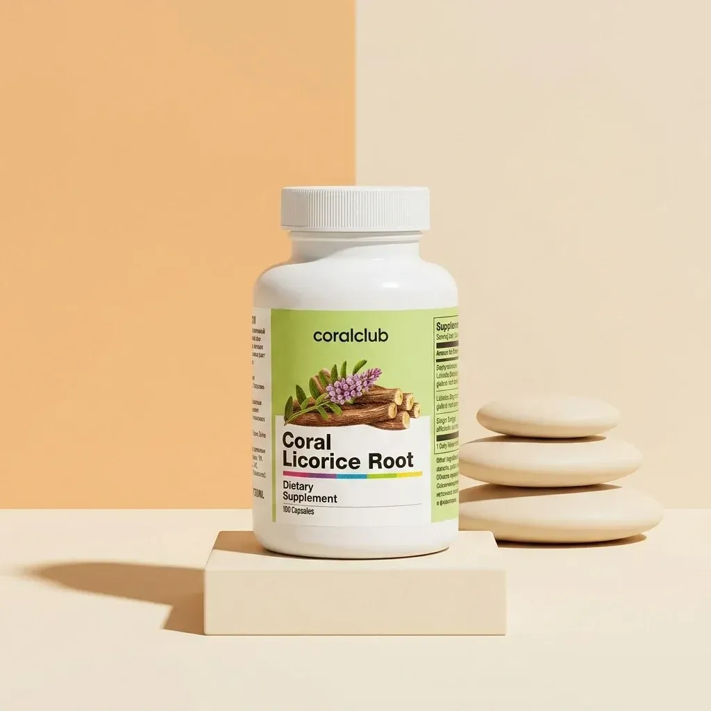 Coral Licorice Root dietary supplement bottle on a neutral background with stones.