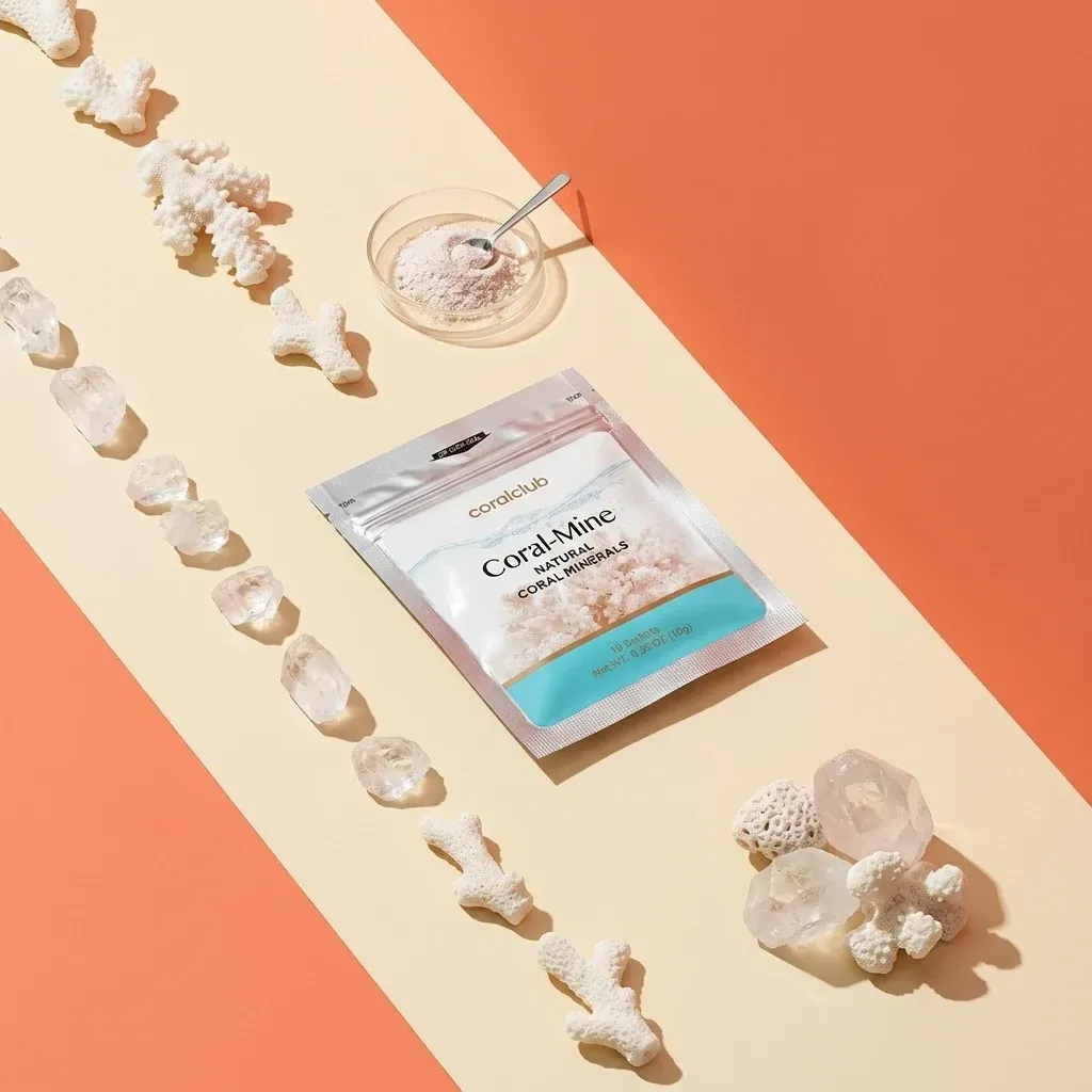Coral-Mine ingredient pack with coral pieces and a spoon on a colorful background.