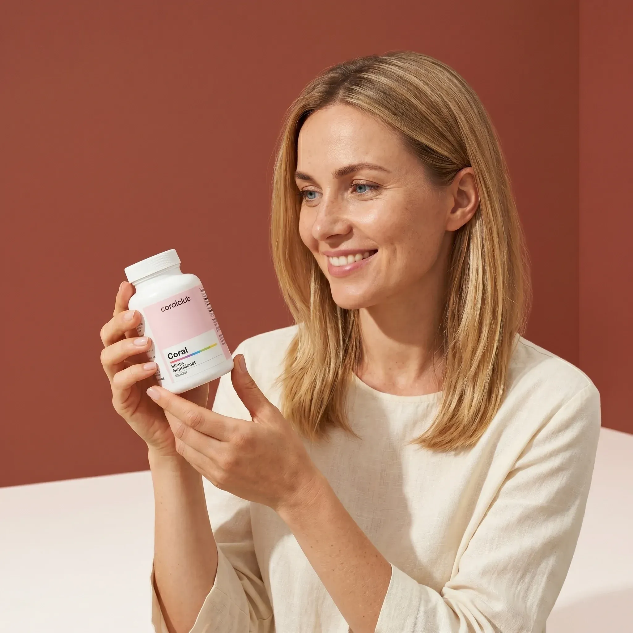 Woman holding Coral Taurine supplement bottle in a lifestyle setting with warm background.
