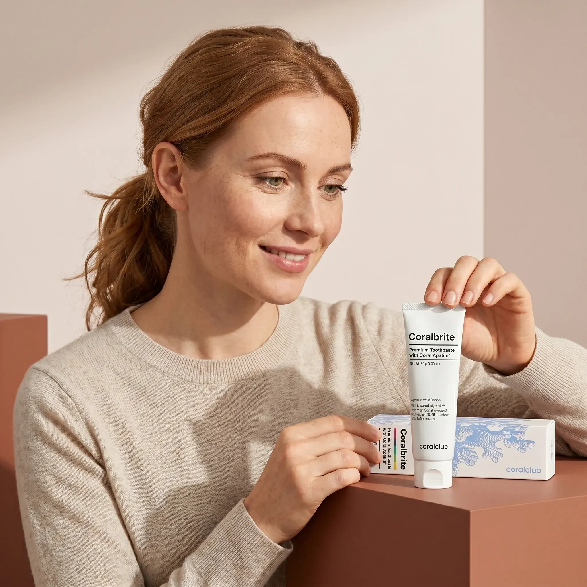 Woman holding Coralbrite skincare products in a lifestyle setting with neutral tones.