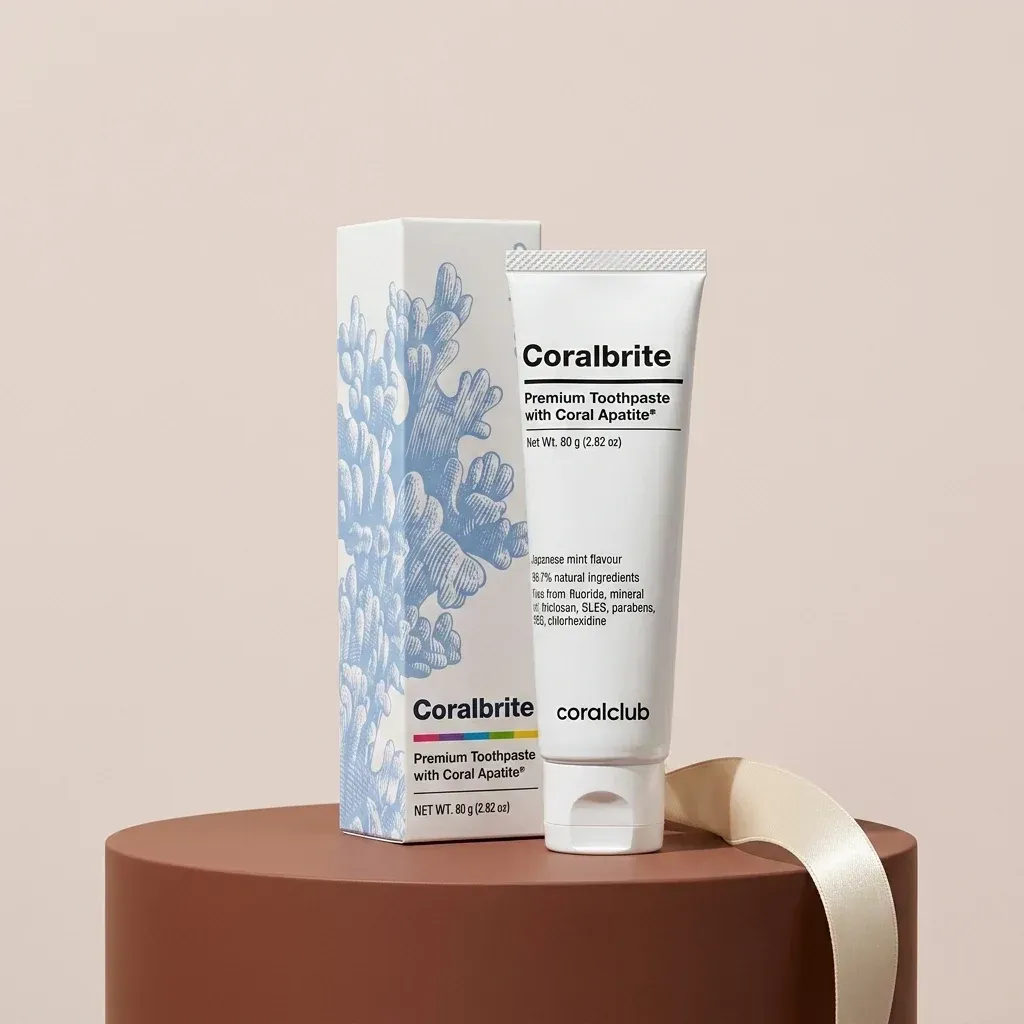 Coralbrite Premium Toothpaste packshot with Coral Apatite, featuring a coral design on the box and tube.