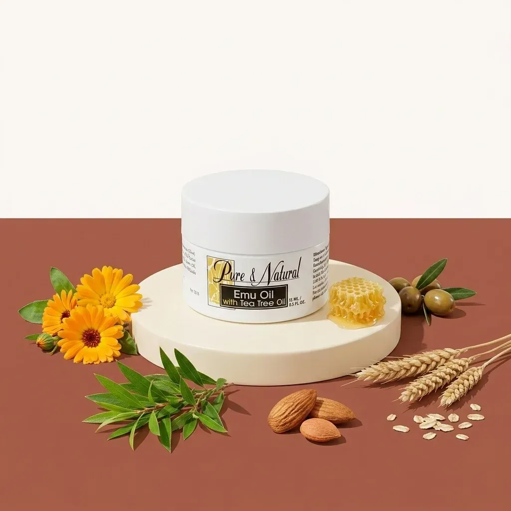 Emu Oil with Tea Tree Oil jar surrounded by flowers, almonds, and honeycomb on a neutral background.