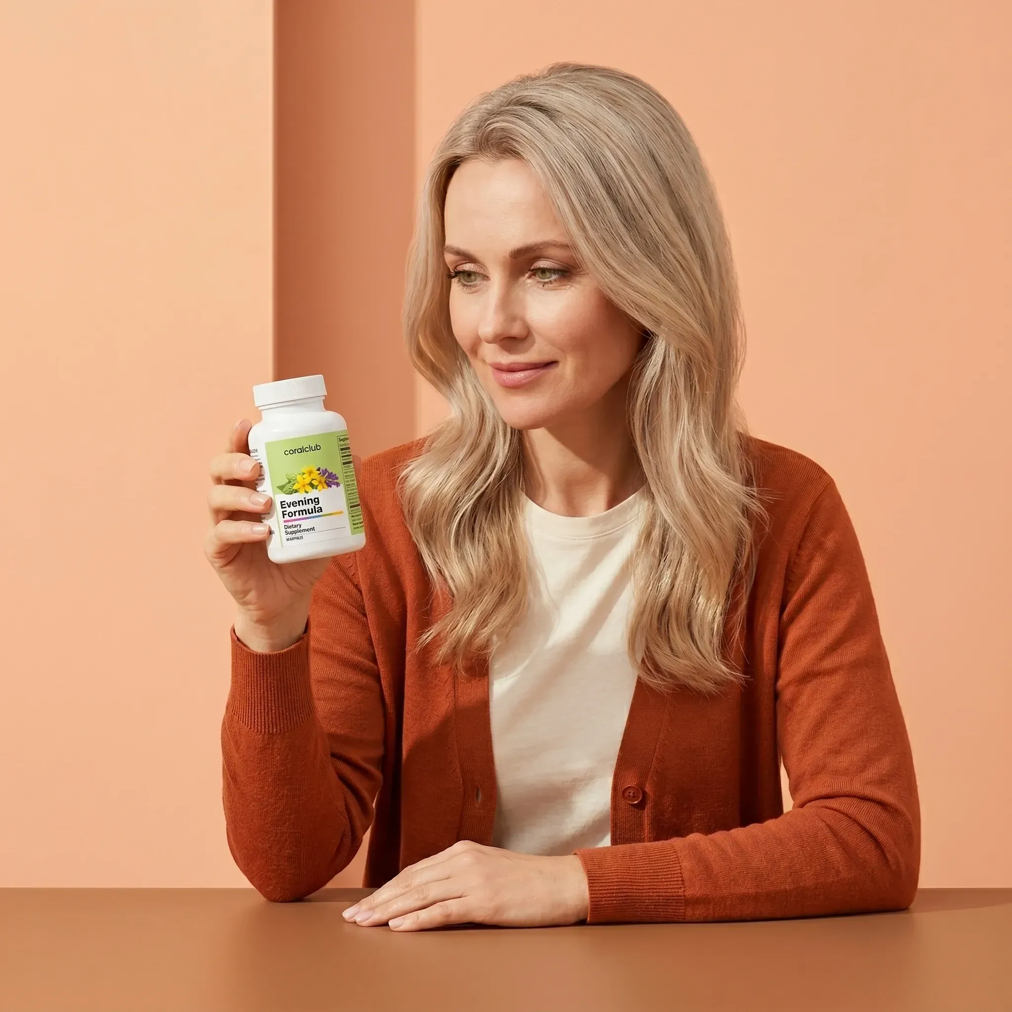 Evening Formula lifestyle shot with a woman holding the supplement bottle against a warm background.