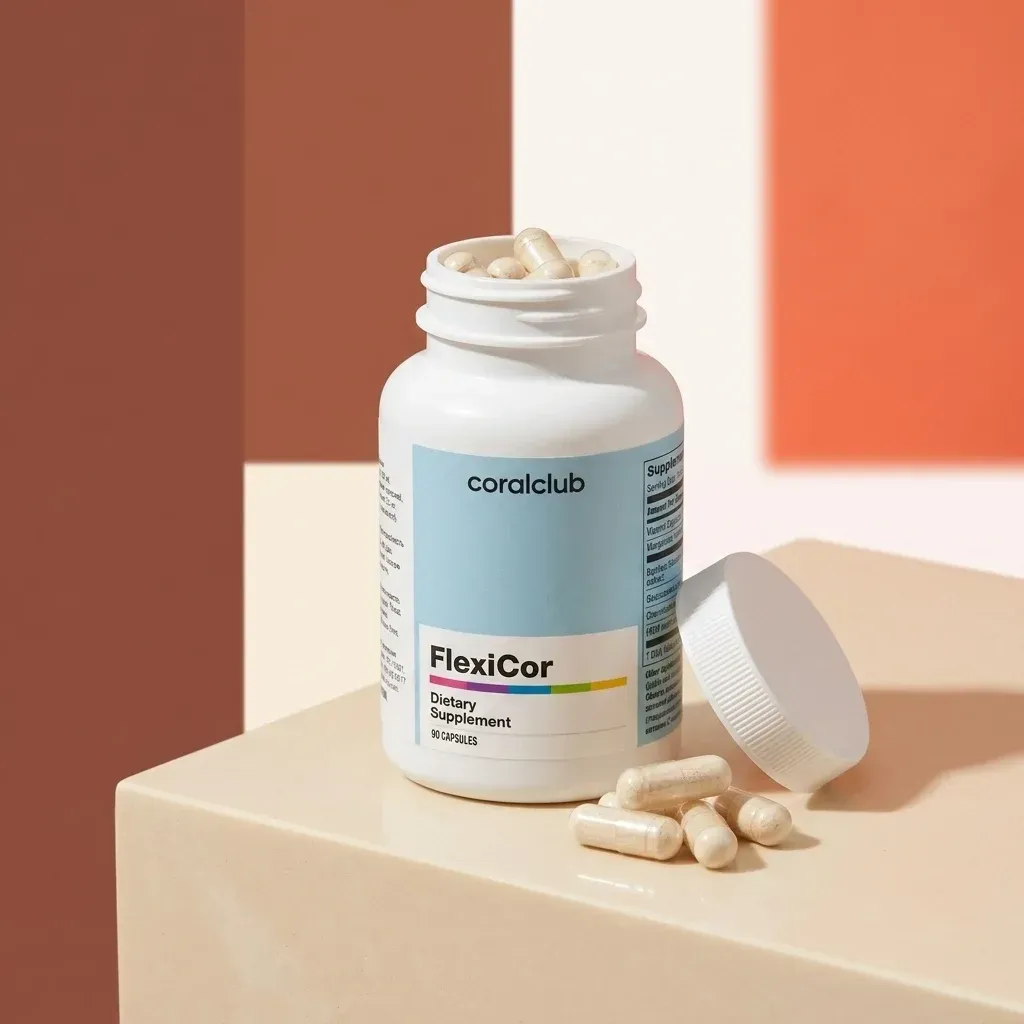 FlexiCor dietary supplement bottle with capsules on a minimalist surface.