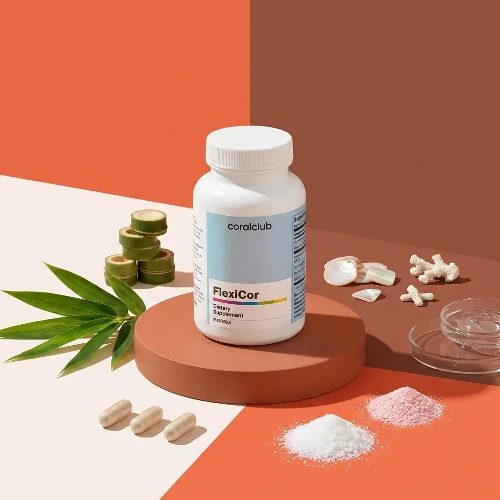 FlexiCor dietary supplement with coral powder, capsules, and natural ingredients on a colorful background.