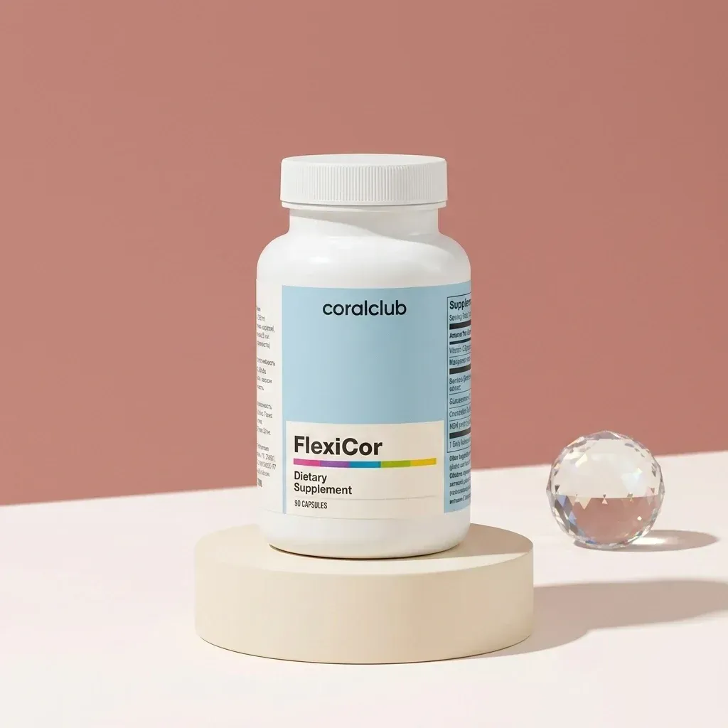 FlexiCor dietary supplement packshot on a minimalist display with a crystal accent.