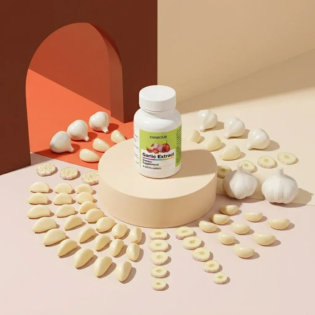 Garlic Extract bottle surrounded by garlic cloves and slices on a pastel background.