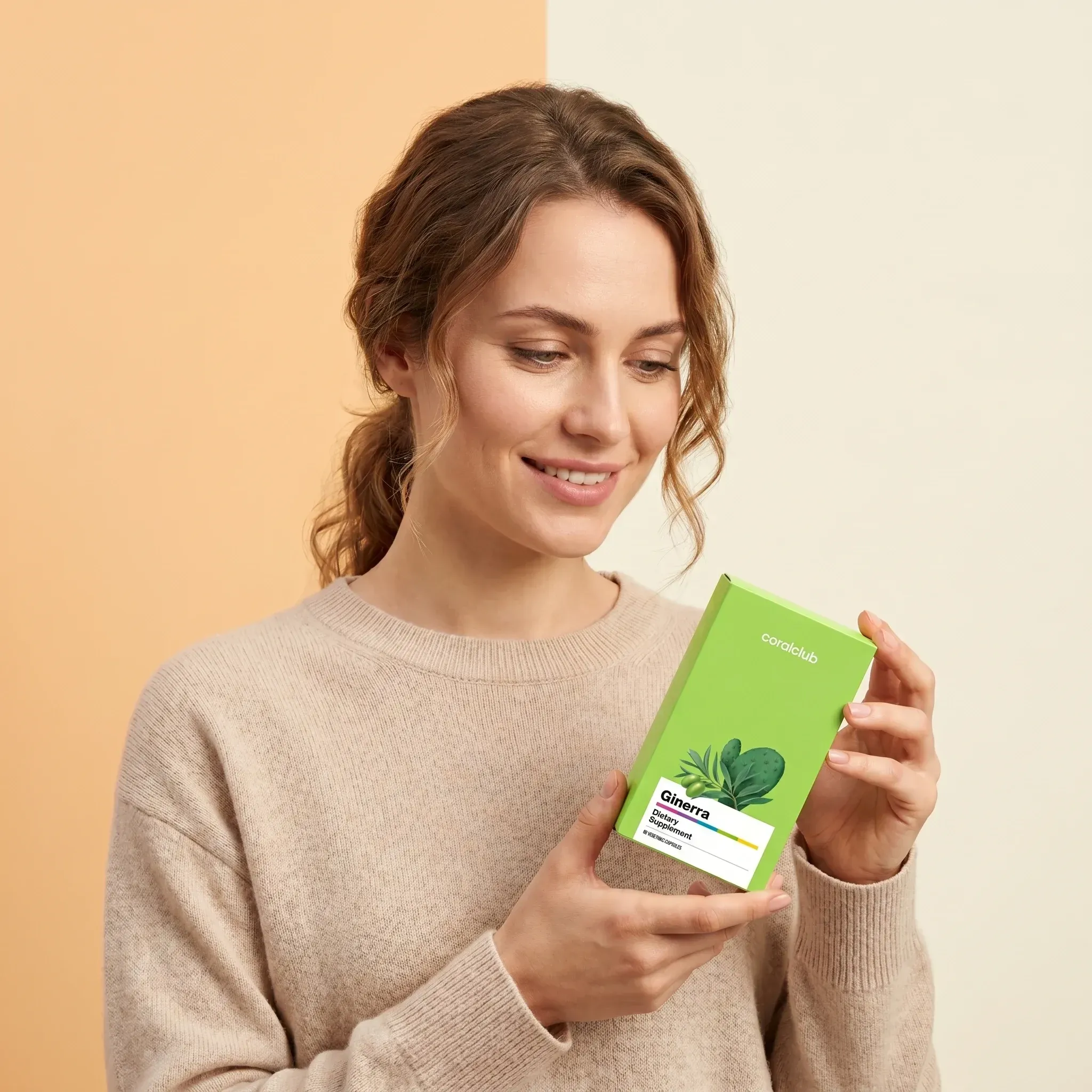 Ginerra lifestyle image featuring a woman holding a green box with herbal ingredients.