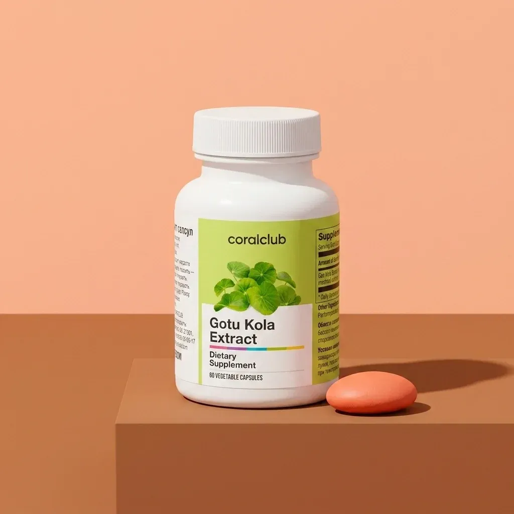 Gotu Kola Extract dietary supplement bottle with a single orange capsule on a brown surface.