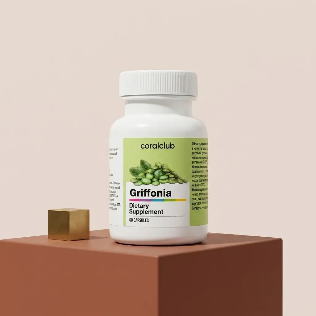 Griffonia dietary supplement packshot with green capsules and a minimalist background.