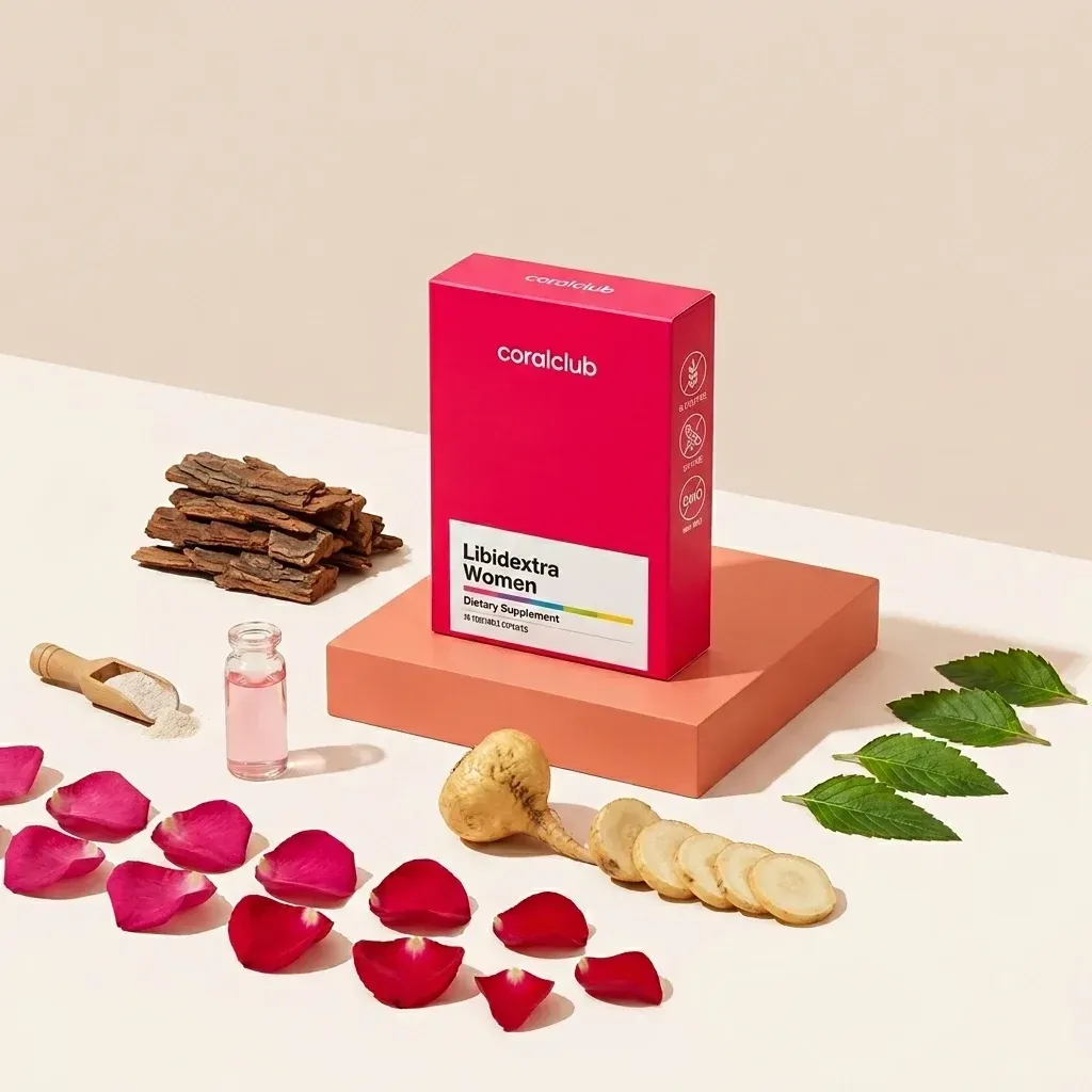 Libidextra Women dietary supplement box with ingredients like herbs and rose petals.