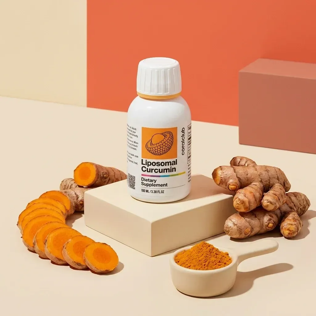 Liposomal Curcumin dietary supplement with turmeric root and powder on a neutral background.