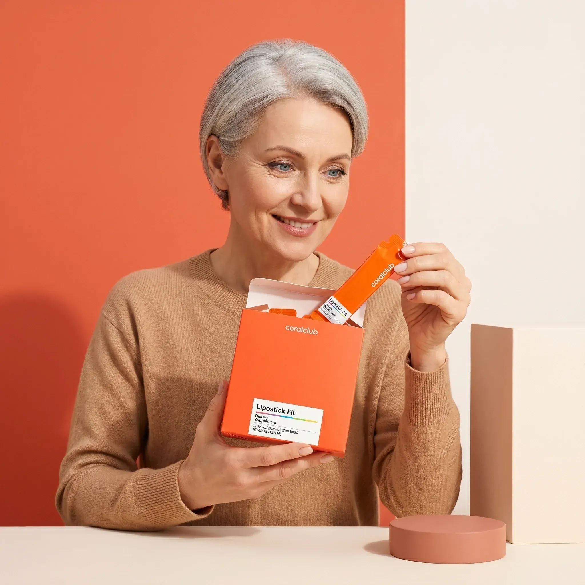 Woman unboxing Lipostick Fit in a lifestyle setting, featuring a vibrant orange box and a product stick.