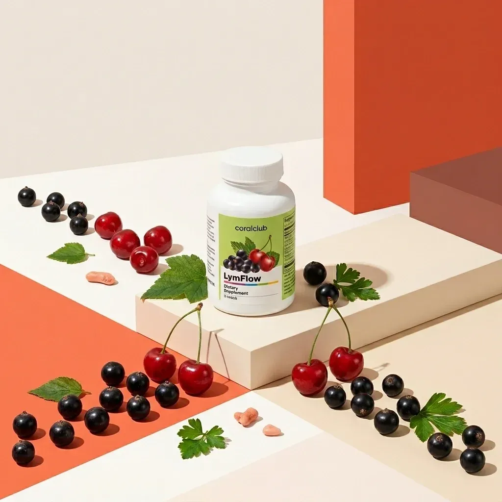 LymFlow dietary supplement bottle surrounded by fresh cherries and blackcurrants on a colorful backdrop.