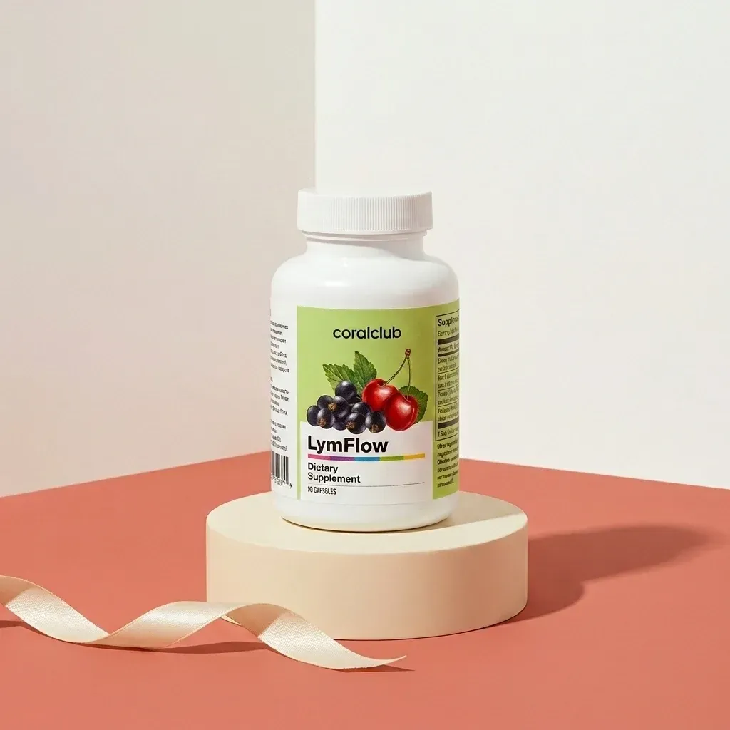 LymFlow dietary supplement packshot on a minimalist pedestal with a soft ribbon.