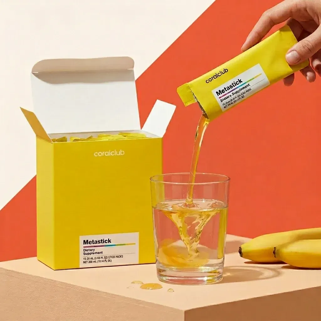 Metastick dietary supplement detail with yellow packaging and liquid being poured into a glass.