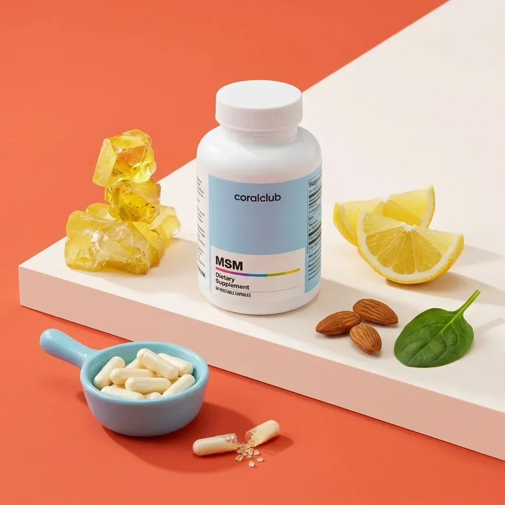 MSM dietary supplement bottle with capsules, lemon slices, almonds, and spinach on a colorful background.