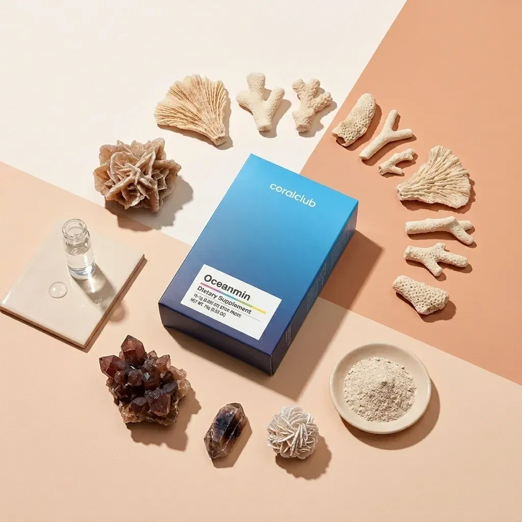 Oceanmin dietary supplement box surrounded by coral and mineral ingredients on a pastel background.