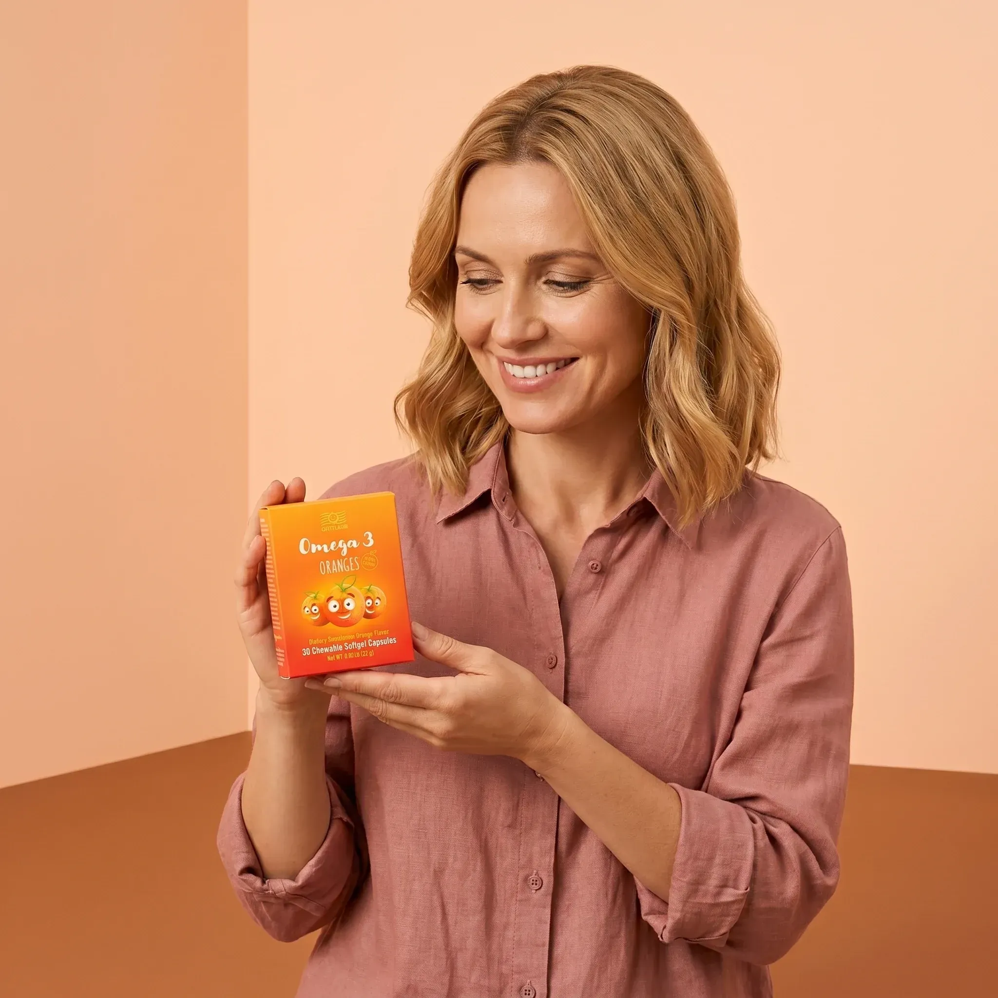 Woman holding Omega 3 Oranges supplement box in a warm, stylish setting.