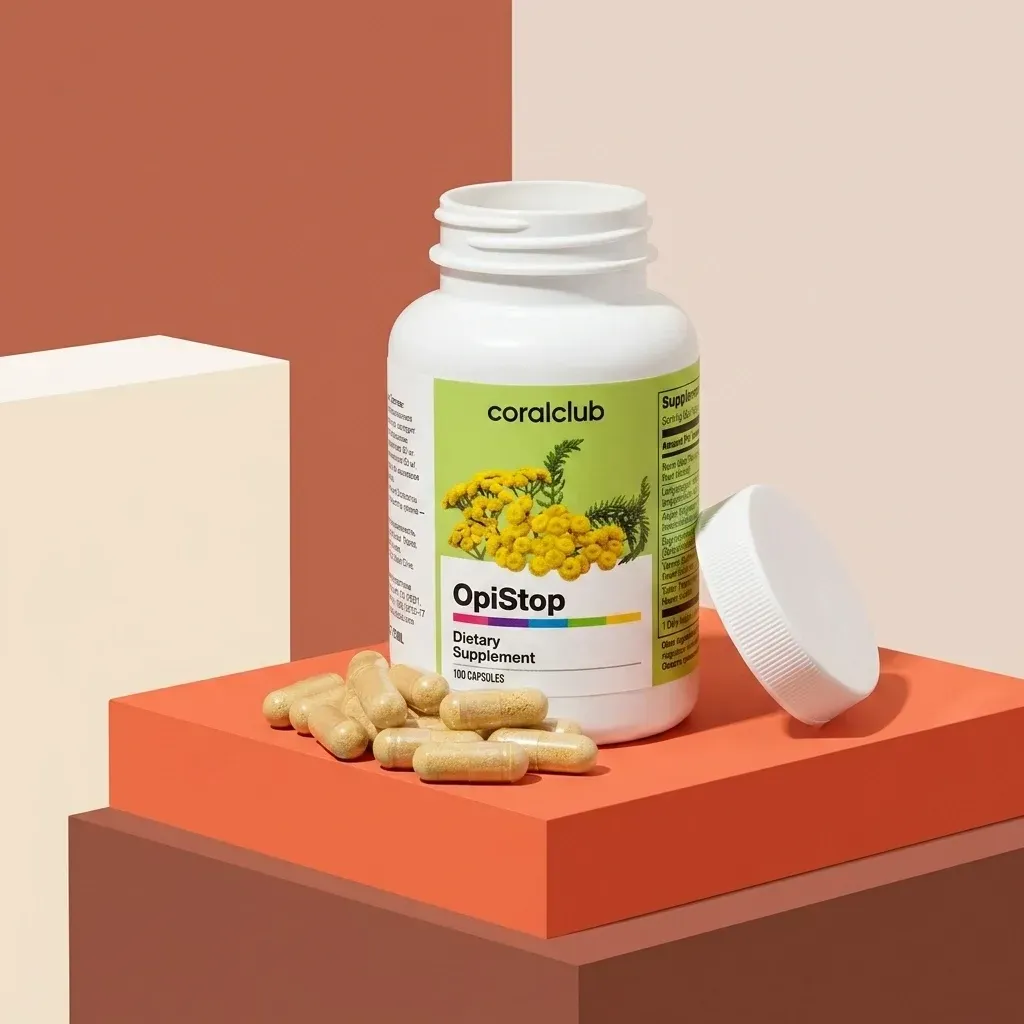 OpiStop dietary supplement bottle with opened cap and capsules on a colorful surface.