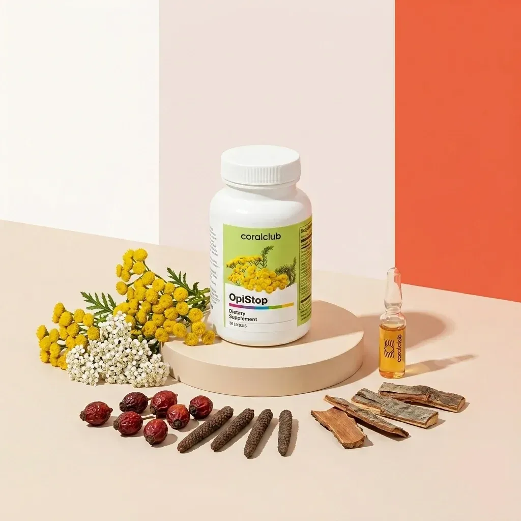 OpiStop dietary supplement bottle with herbs and natural ingredients on a neutral background.