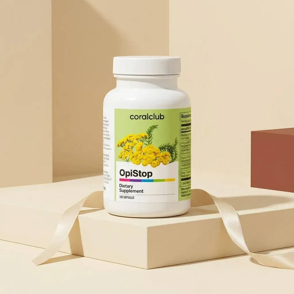 OpiStop dietary supplement packshot with yellow flower design and white bottle on a neutral background.