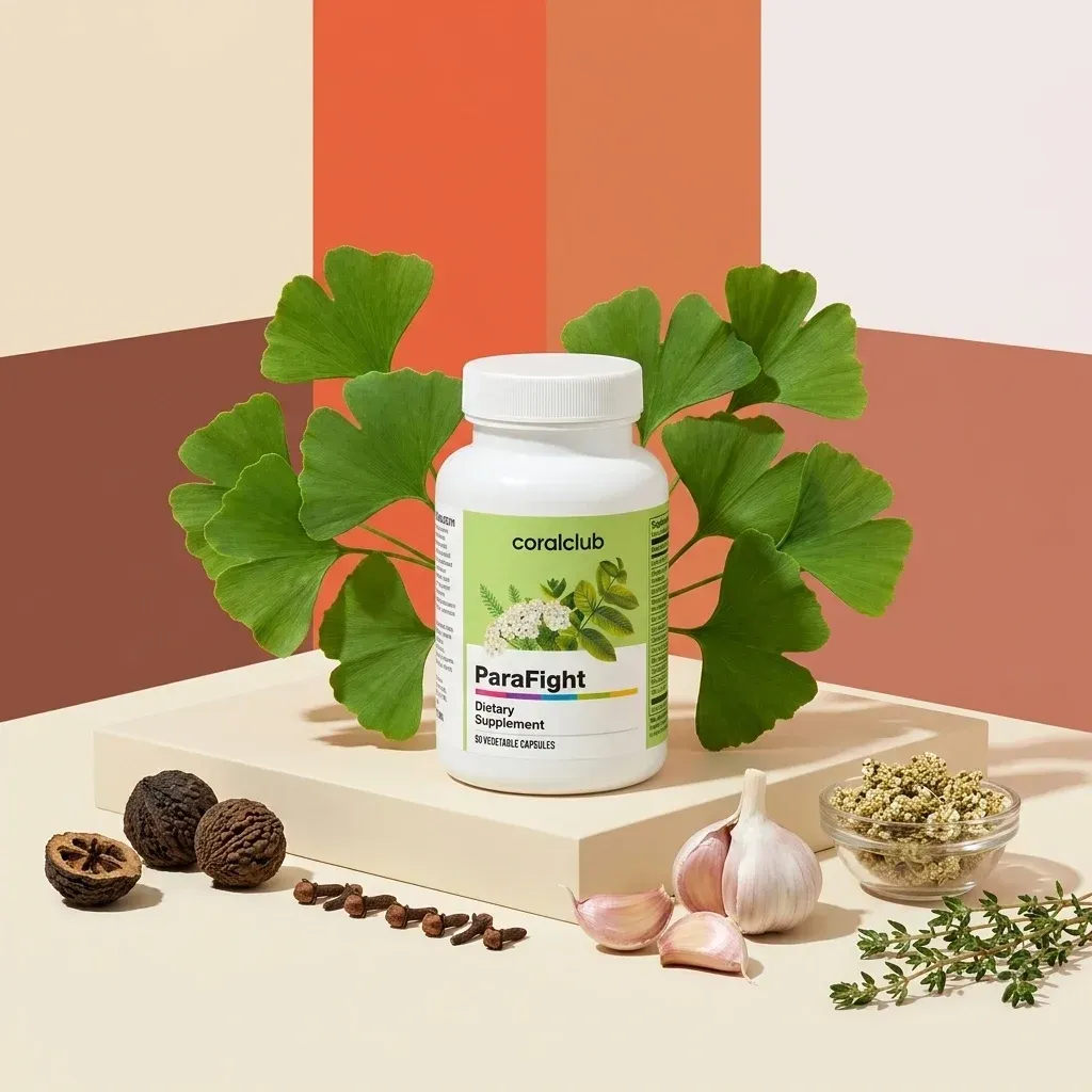 ParaFight dietary supplement with garlic, herbs, and natural ingredients on a minimalist display.