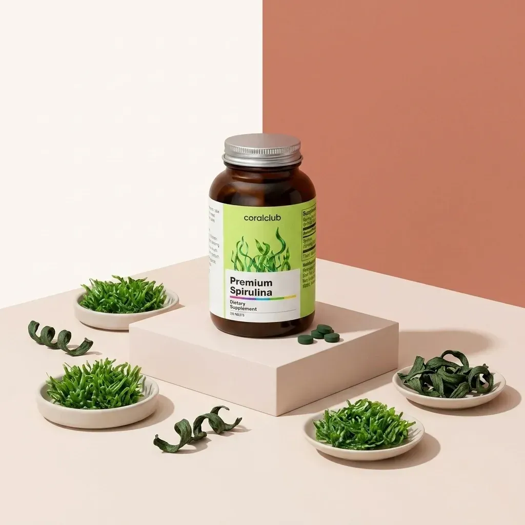 Premium Spirulina supplement bottle with spirulina tablets and fresh spirulina leaves on a minimalist background.