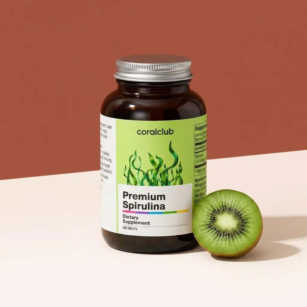 Premium Spirulina dietary supplement bottle with kiwi on a minimalist background.