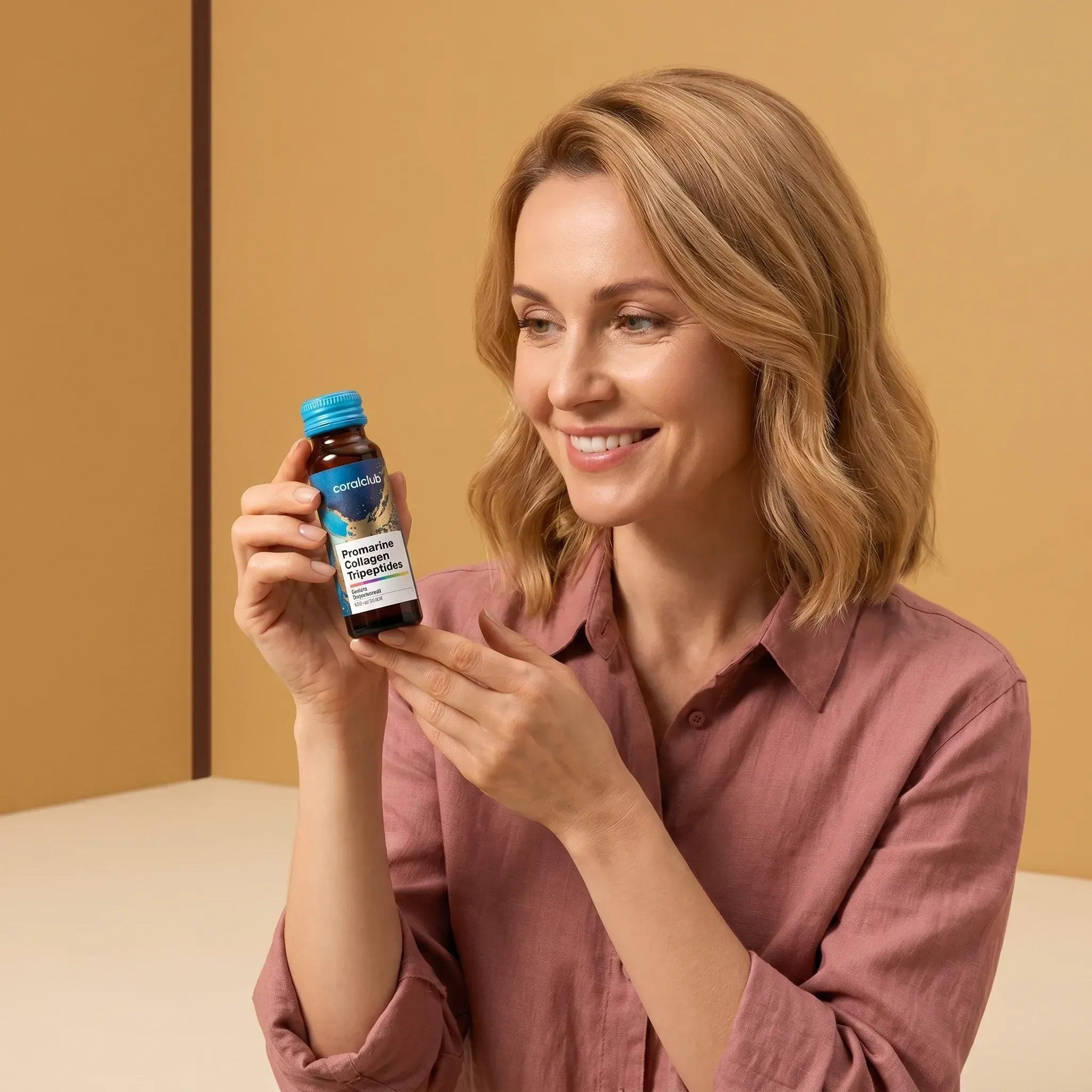Promarine Collagen Tripeptides lifestyle shot with woman holding the product bottle, smiling against a neutral background.