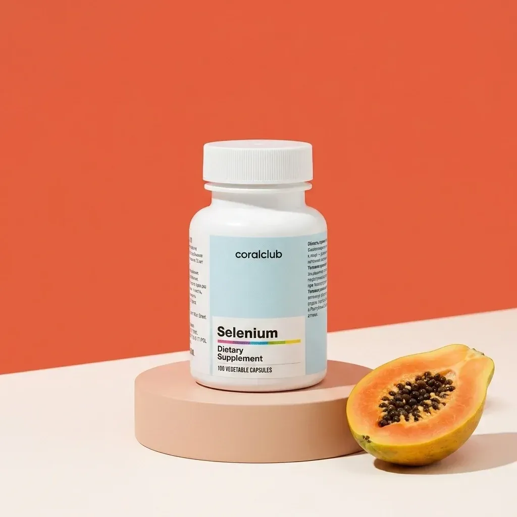 Selenium dietary supplement packshot with papaya on a circular pedestal against a vibrant background.
